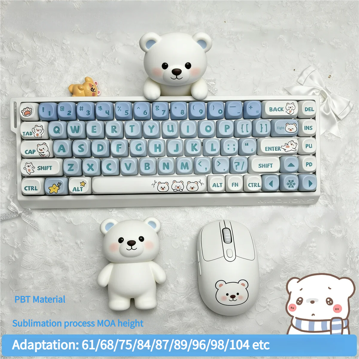 A delightful angle of the Playful Little Bear PBT MOA ergonomic keycap set, featuring adorable white bear illustrations on clean, minimalist PBT keycaps.