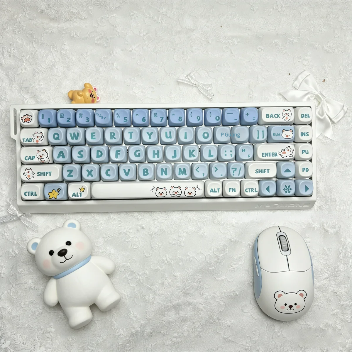 Playful Little Bear PBT MOA ergonomic keycap set, showcasing adorable white bear illustrations on minimalist keys.