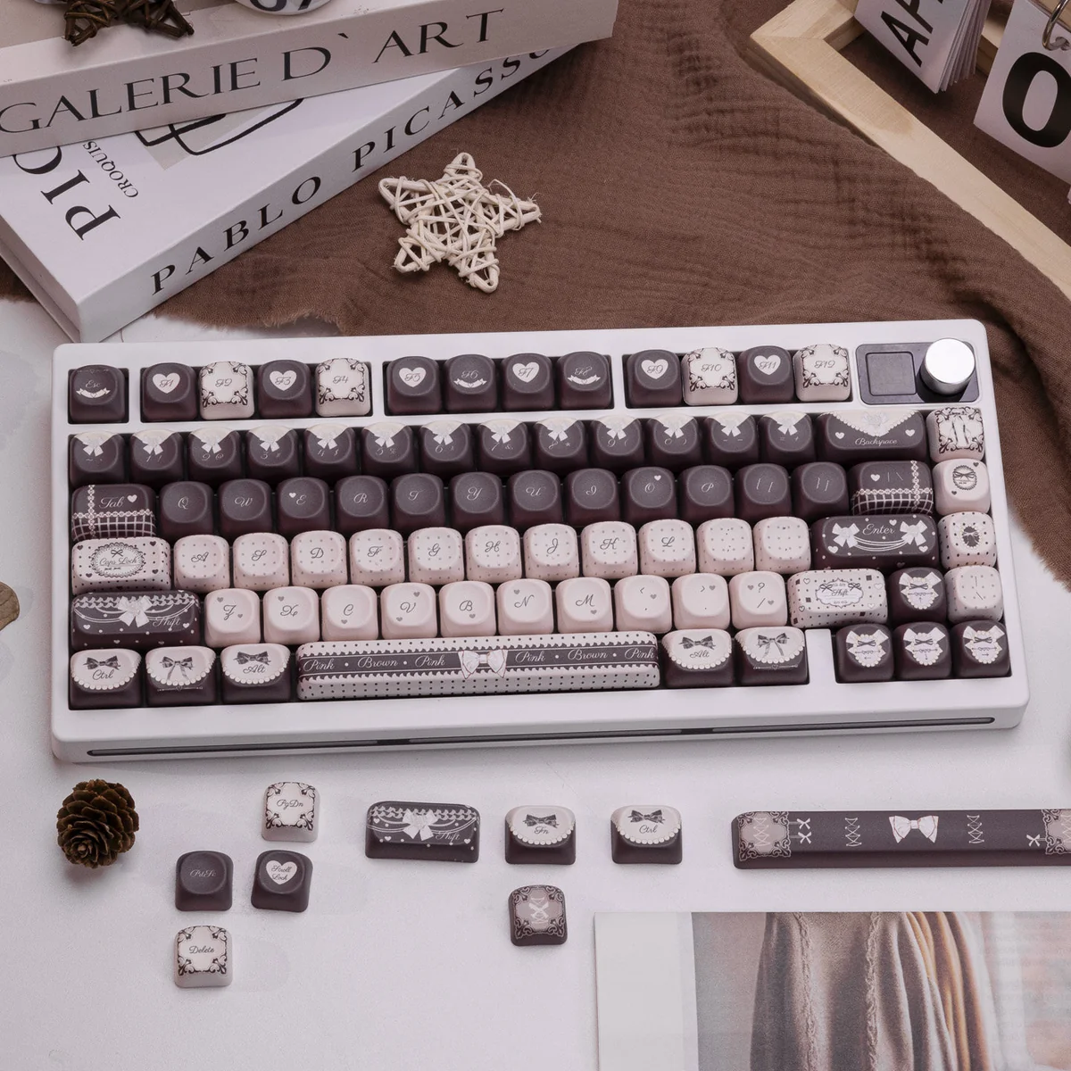 Sweet Elegance Lolita Cocoa PBT keycap set, an exclusive designer collection with romantic vintage artistry, warm cocoa tones, and delicate patterns.