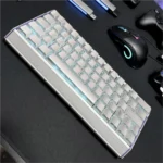 Premium luminous Metallic Paint silver keycaps set from a unique angle, highlighting its sleek finish, glowing sculpted legends, and modern minimalist design.