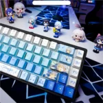 Exclusive Luo Tianyi side-lit keycap set gallery showcasing vibrant Vocaloid art, translucent design, and glowing effect for mechanical keyboards.