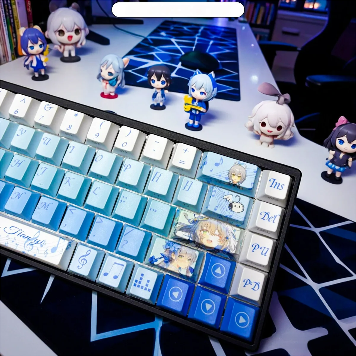 Exclusive Luo Tianyi side-lit keycap set gallery showcasing vibrant Vocaloid art, translucent design, and glowing effect for mechanical keyboards.