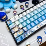 Multiple angles of the exclusive Luo Tianyi side-lit keycap set, showcasing vibrant Vocaloid art and its translucent design for mechanical keyboards.