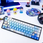 A close-up view of the exclusive Luo Tianyi side-lit keycap set highlighting its vibrant Vocaloid character art and translucent design for mechanical keyboard.