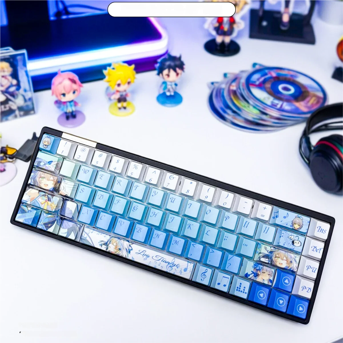 A close-up view of the exclusive Luo Tianyi side-lit keycap set highlighting its vibrant Vocaloid character art and translucent design for mechanical keyboard.