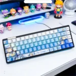 Vibrant Luo Tianyi side-lit keycap set gallery, showcasing exclusive Vocaloid character art with its translucent design illuminated on a mechanical keyboard.