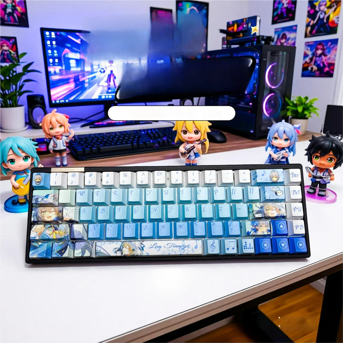Exclusive Luo Tianyi side-lit keycap set for mechanical keyboards. Vibrant Vocaloid character art with translucent design, offering a unique artistic design.