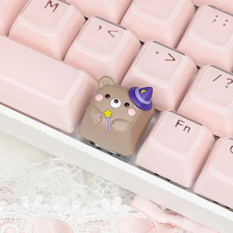 Handcrafted Magic Bear artisan ESC keycap, showcasing its whimsical forest creature design from a playful angle, perfect for enchanting mechanical keyboard.