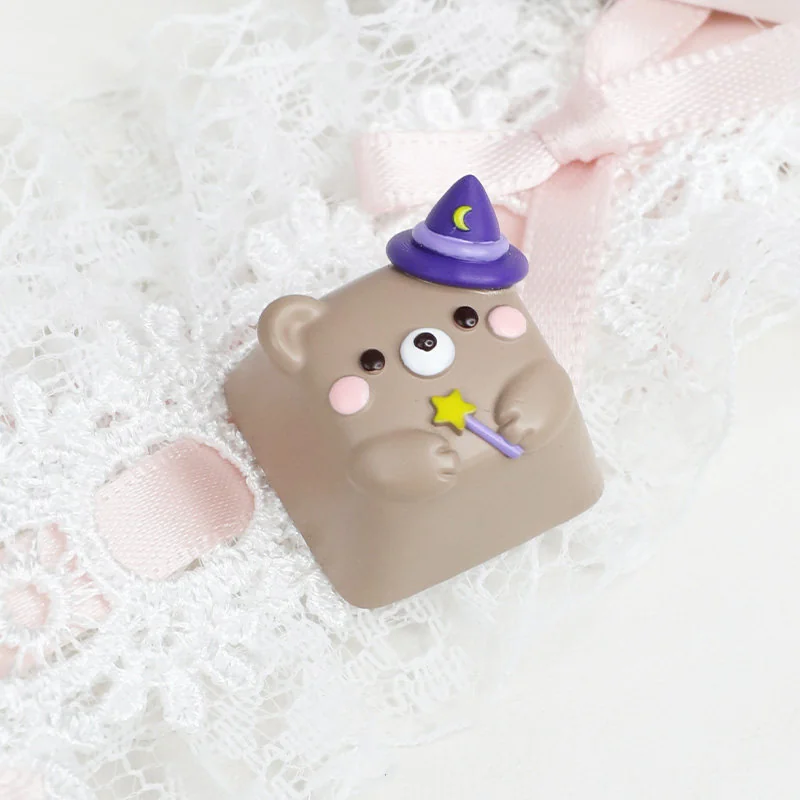 Handcrafted Magic Bear artisan ESC keycap, captured from a distinct angle, revealing its whimsical forest creature details and playful charm for enchanting design.