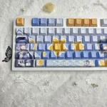 Close-up of vibrant anime-inspired Magical Girl Sherry Tachibana PBT keycaps set, showcasing translucent front-engraved legends and backlit glow.
