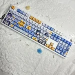 Close-up of enchanting Magical Girl Sherry Tachibana PBT keycaps set, showcasing vibrant anime-inspired design and translucent front-engraved legends.
