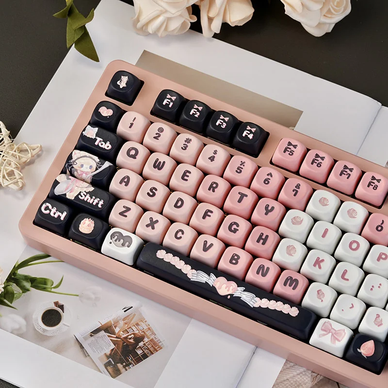 Close-up views of the adorable black and pink maid cat keycap set from various angles, highlighting its charming and playful aesthetic for mechanical keyboard.