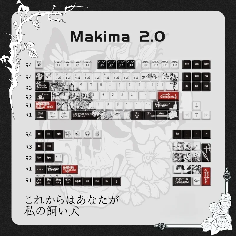 Exclusive Makima 2.0 PBT dye-sub keycap set, showcasing dark, enigmatic Chainsaw Man Makima character artistry from a close-up angle.