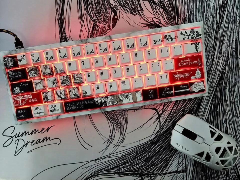 Exclusive Makima PBT Dye-sub keycap set featuring dark, enigmatic Chainsaw Man Makima character art. A premium, artistic keyboard upgrade.