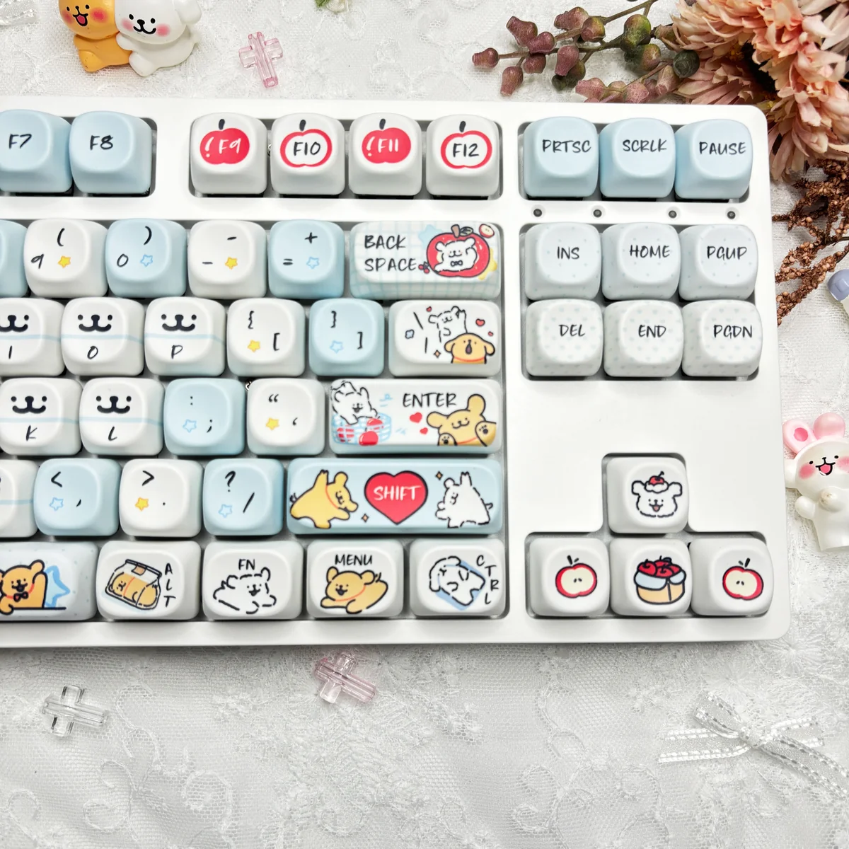 Charming Maltese keycap set featuring adorable PBT MOA dog designs and playful apple details, displayed from various perspectives.