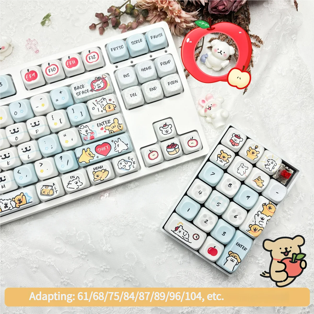 Detailed close-up of an adorable Maltese PBT MOA keycap set, showcasing its charming dog illustration and playful apple accent for a cute keyboard aesthetics.