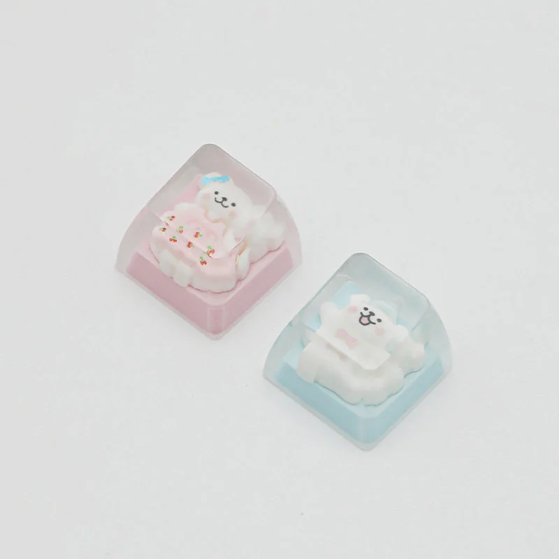 Close-up of a whimsical handcrafted resin Maltese dog ESC keycap, showcasing its clear casing and charming line-art Maltese dog in a playful outfit.