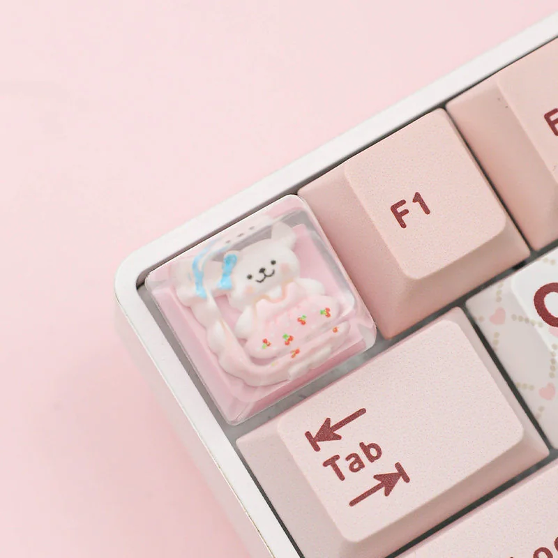 Close-up of the whimsical handcrafted resin Maltese dog ESC keycap, highlighting the charming line-art Maltese in a playful outfit, clear resin finished.