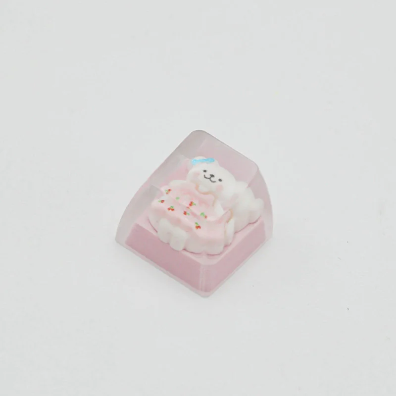 Whimsical handcrafted resin Maltese dog ESC keycap, top-down view, revealing a charming line-art Maltese in a playful outfit, encased in clear resin.