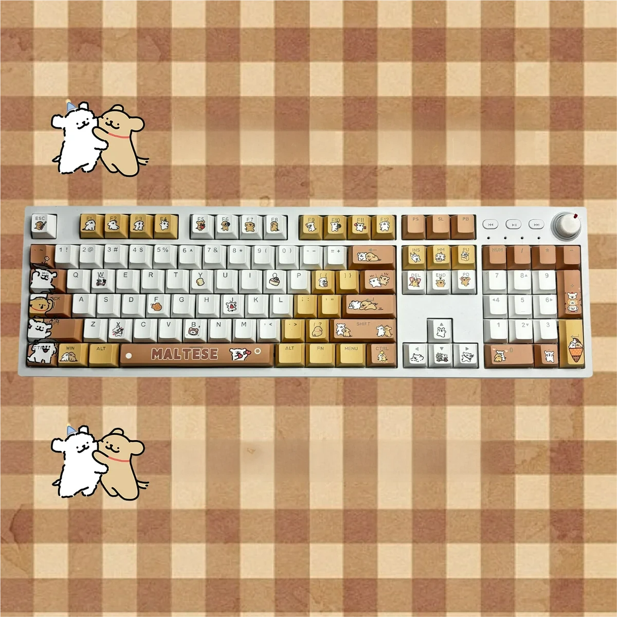Adorable Maltese dog PBT keycaps set featuring charming line art in a spa theme, presented from various playful angles with warm tones.