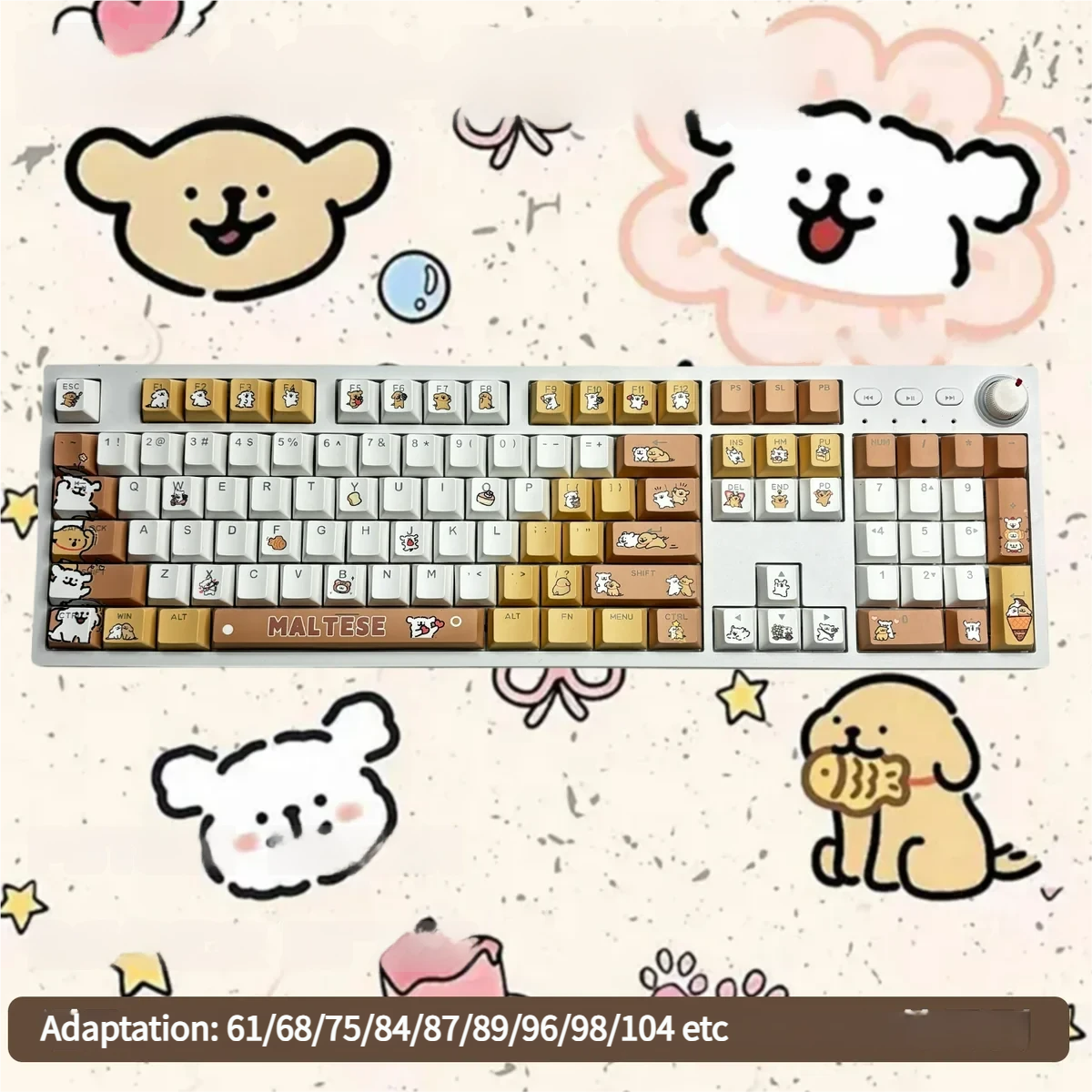 Adorable Maltese dog keycaps set, a PBT set with charming line art in a playful spa theme, featuring warm tones for dog lovers.