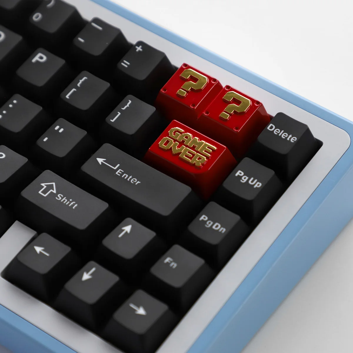 Premium zinc alloy Super Mario Question Block keycap, showcasing its iconic pixelated design from a playful angle, highlighting durable quality.