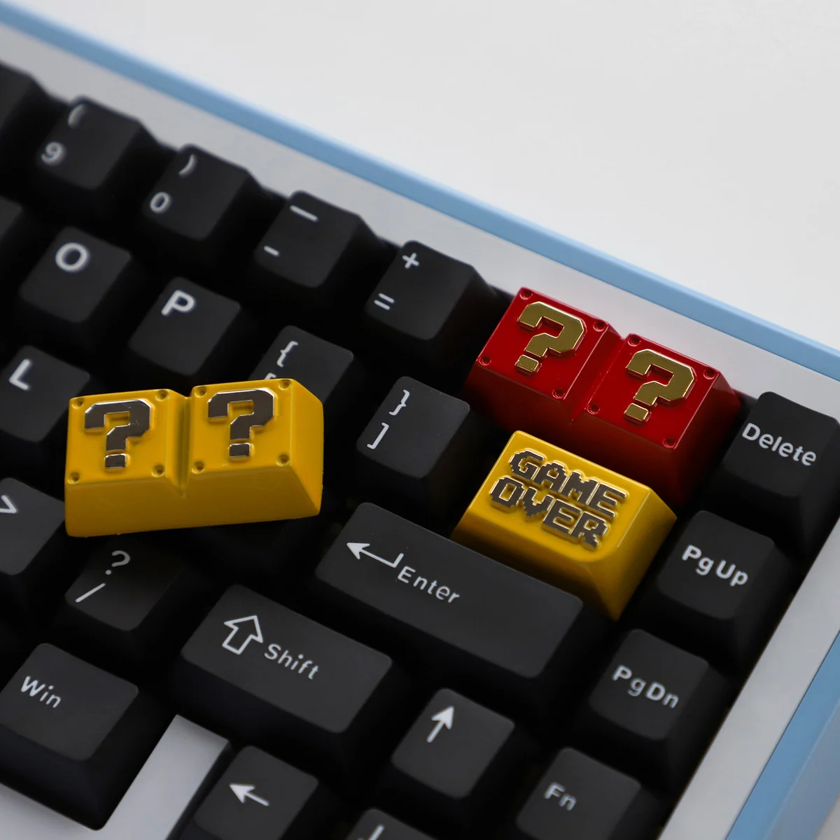 A premium zinc alloy Super Mario Question Block keycap, an iconic Mario keycap with vibrant pixelated detail for enthusiasts.