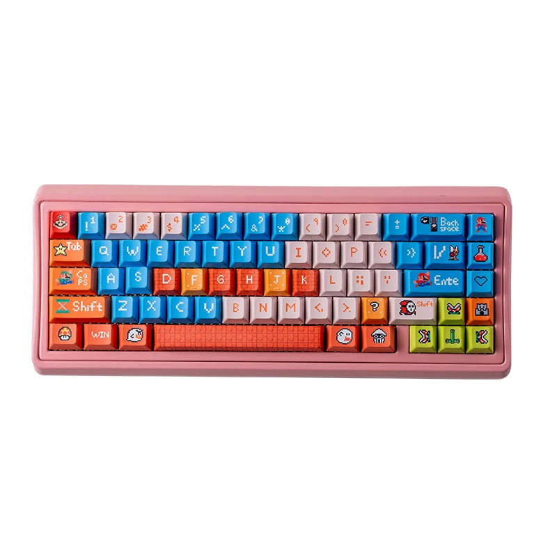 Handcrafted Mario Keycaps Set, close-up details showing iconic Super Mario characters. Vibrant resin keycaps with durable embedded legends.