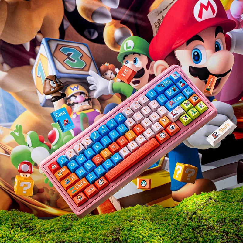 Handcrafted Mario Keycaps set display iconic Super Mario characters, vibrant resin, and durable embedded legends for gaming keyboards.