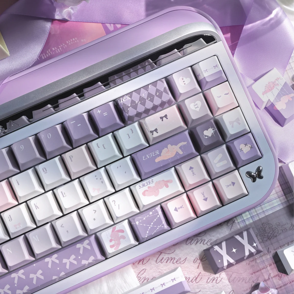 Whimsical Marionette Puppet PBT Keycaps Set displays artistic, handcrafted, nostalgic dye-sub puppet designs on PBT, all angles.