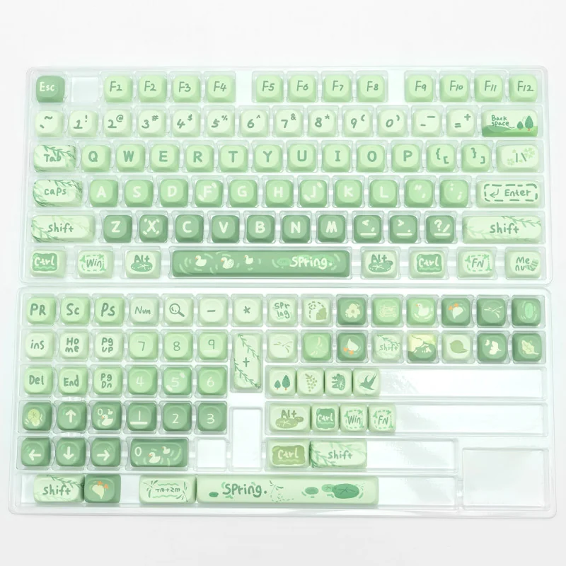 Artistic Matcha Green PBT MOA keycaps set from the Spring Outing set, showcasing their gentle design from a unique angle.