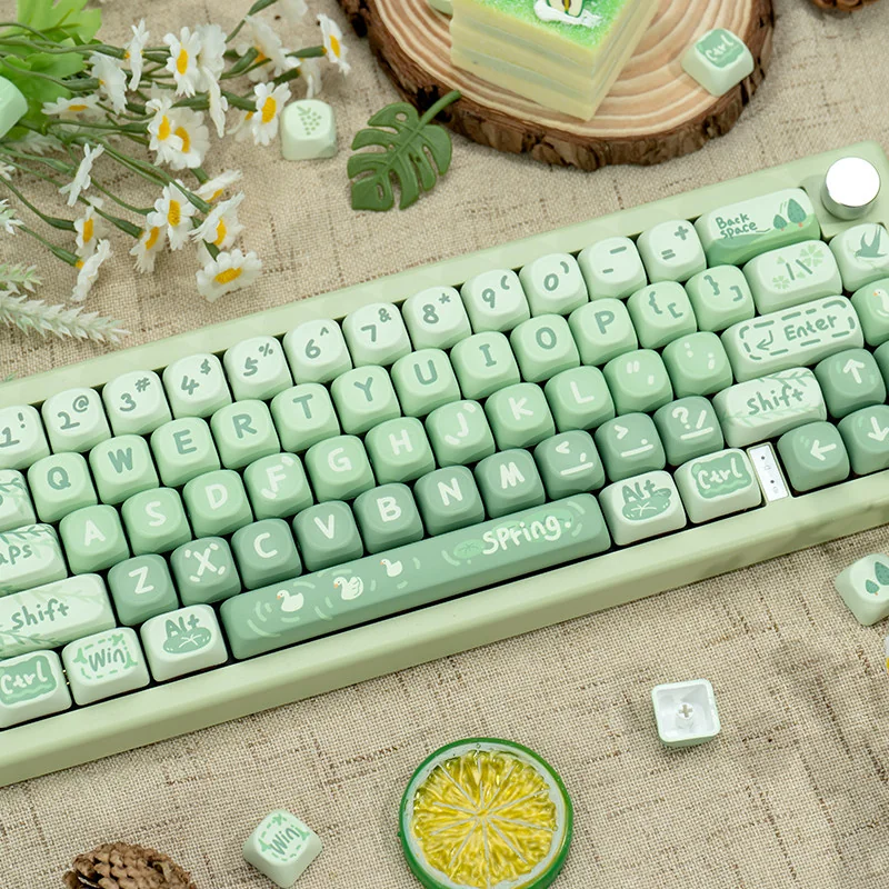 Artistic Matcha Green PBT MOA Keycaps Set displayed, featuring gentle tones reminiscent of a serene spring picnic.