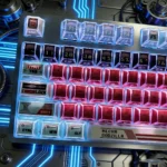 Gallery of fierce Godzilla shine-through PBT keycaps set. Angular, translucent, side-printed designs in an artistic style, ready for backlit keyboard.