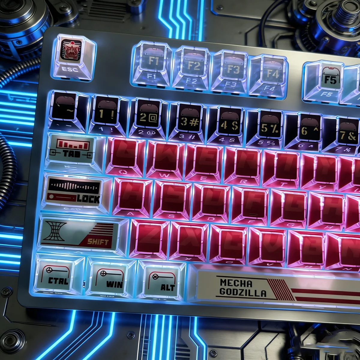 Gallery of fierce Godzilla shine-through PBT keycaps set. Angular, translucent, side-printed designs in an artistic style, ready for backlit keyboard.