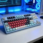 A gallery of fierce Godzilla PBT keycaps set, showcasing various angles of their unique shine-through side-printed legends and angular translucent design.