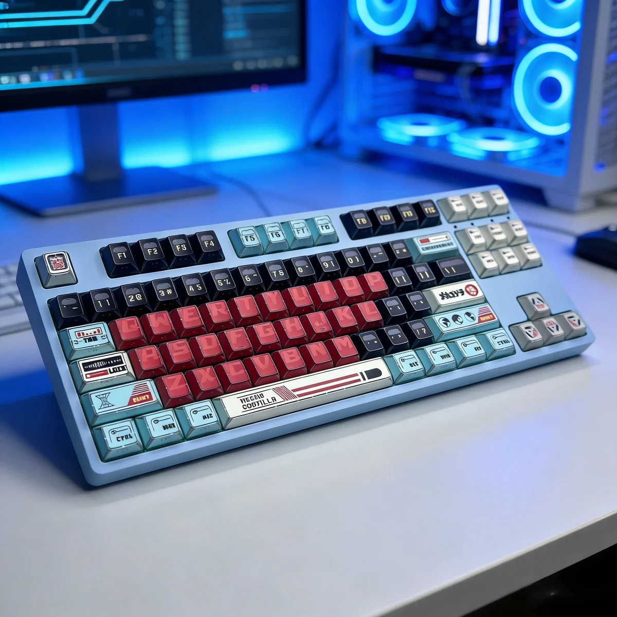 A gallery of fierce Godzilla PBT keycaps set, showcasing various angles of their unique shine-through side-printed legends and angular translucent design.
