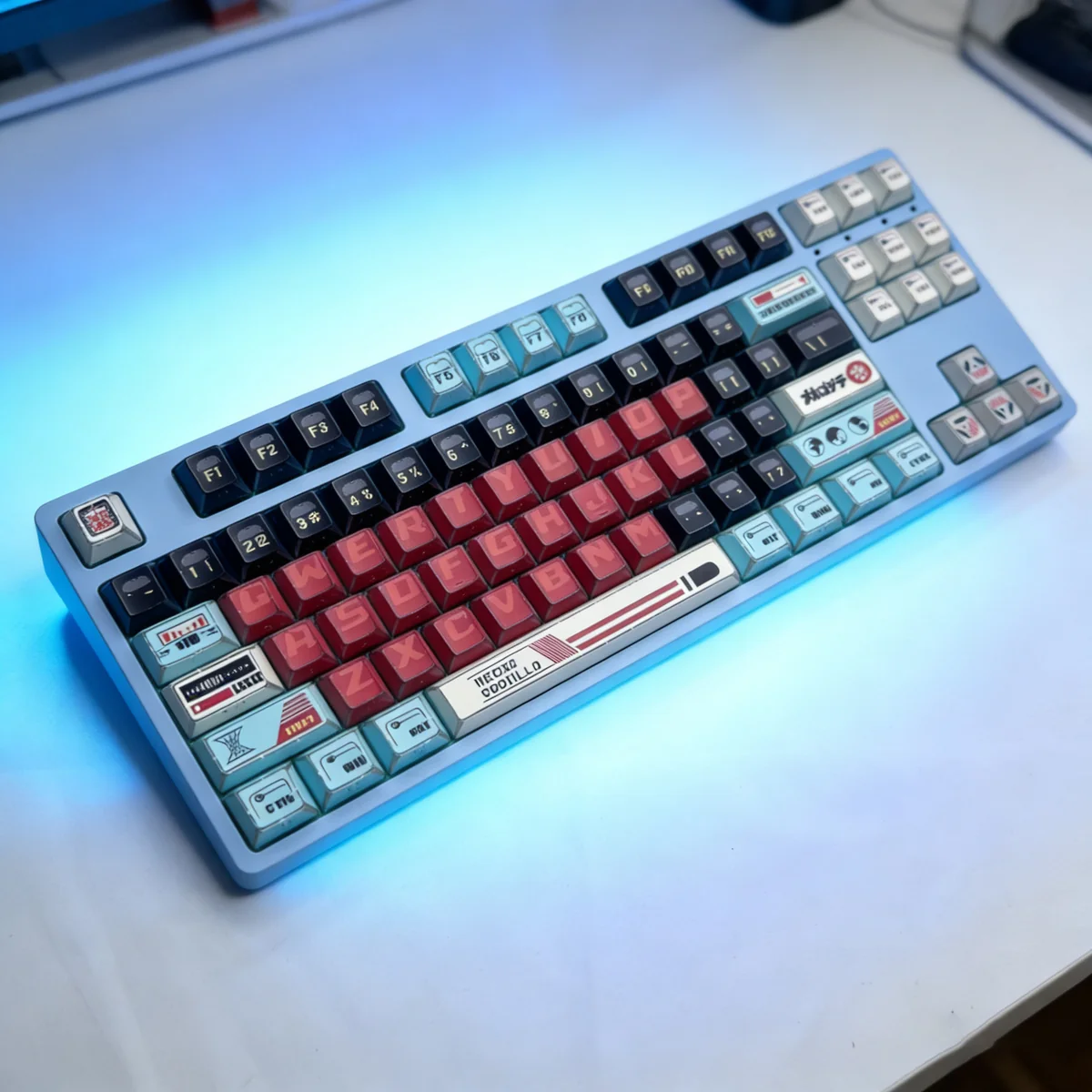 Fierce Godzilla PBT keycaps set gallery. Angular, translucent, shine-through side-printed design from various artistic angles, perfect for backlit keyboard.