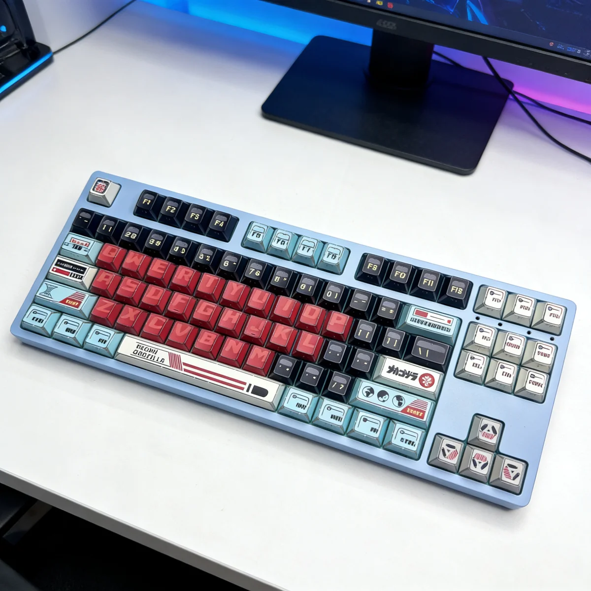 Close-up of fierce Godzilla PBT keycaps set, showcasing their angular, translucent shine-through design and side-printed legends, perfect for backlit mecanical keyboard.