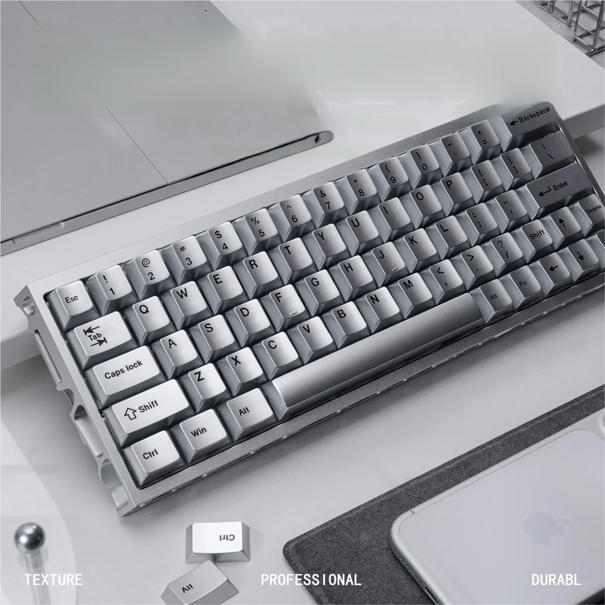 Multiple angles of the premium Metallic silver PBT keycap set, showcasing its sleek, minimalist design and modern sophistication for an elevated keyboard aesthetics.