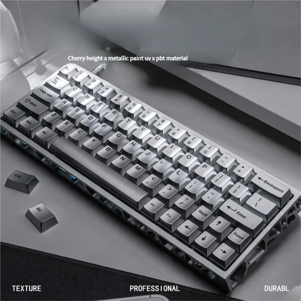 Premium Metallic silver PBT keycap Set, showcasing its sleek minimalist design and sophisticated metallic finish for a modern keyboard aesthetic.