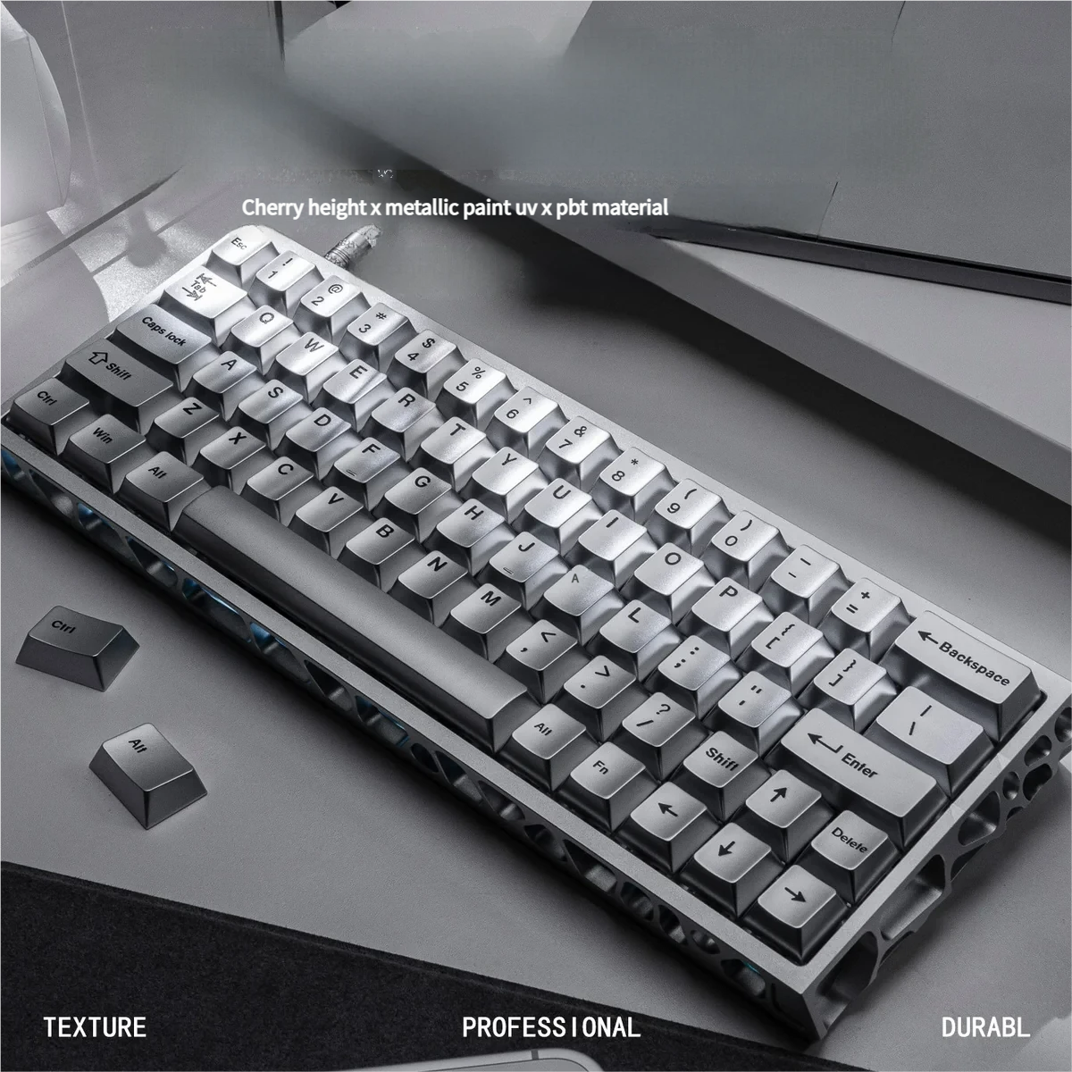 Premium Metallic silver PBT keycap Set, showcasing its sleek minimalist design and sophisticated metallic finish for a modern keyboard aesthetic.