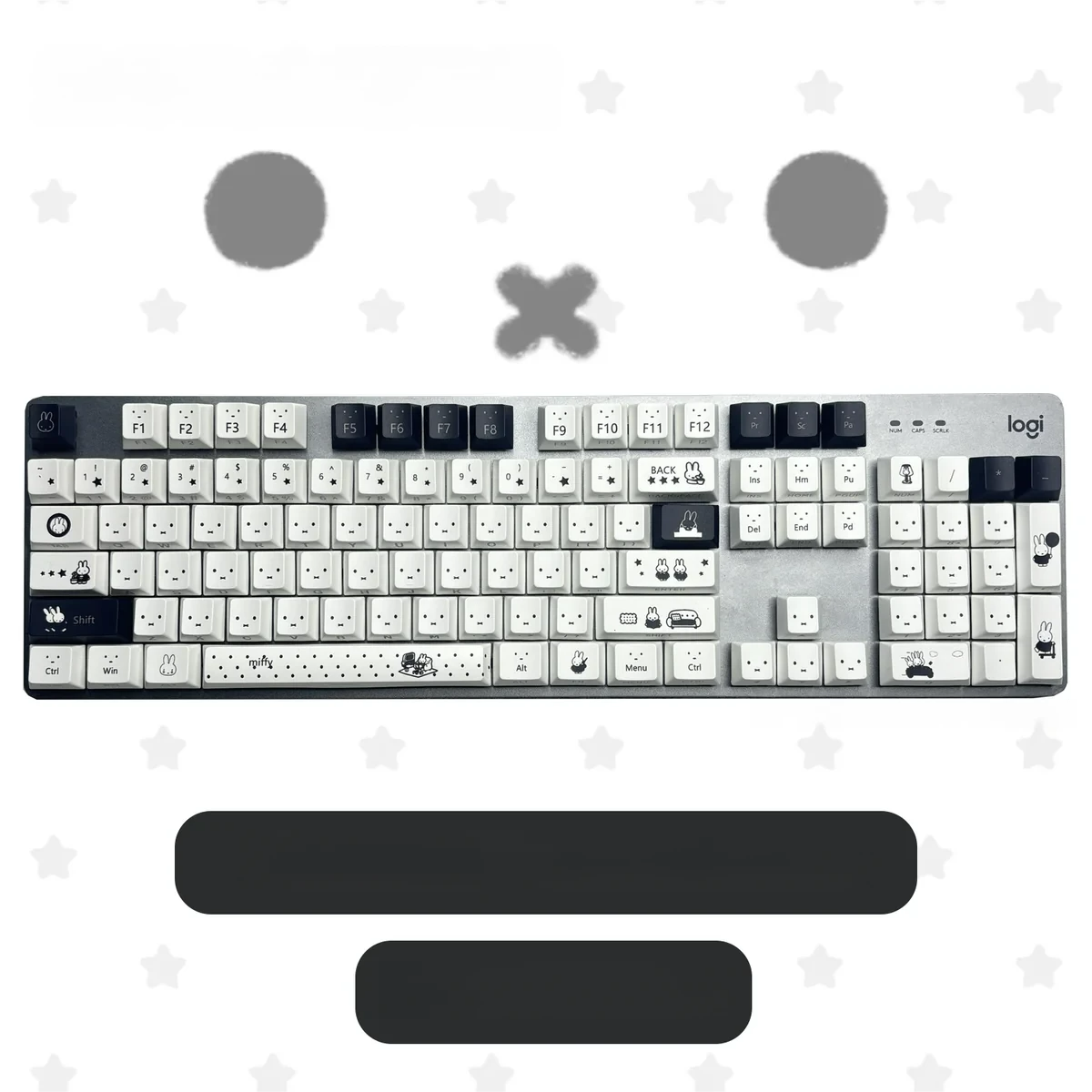 Iconic Miffy PBT keycaps set. This gallery image shows durable PBT and clear backlit legends, ensuring joyful, playful typing.