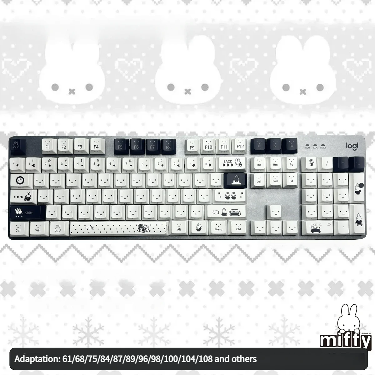 Iconic Miffy PBT keycap set from the backlit set, beautifully showcasing its durable texture and playful minimalist character design for joyful typing.