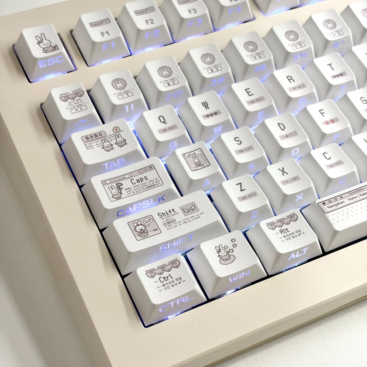 A charming Miffy Pixel Art Keycap Set, showcasing various gentle pixelated Miffy characters from different angles, adding a whimsical and retro touch.
