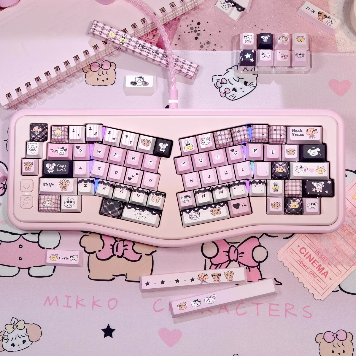 Premium Mikko PBT Keycaps 145-key set, featuring playful black, white and pink 5-sided dye-sub legends.