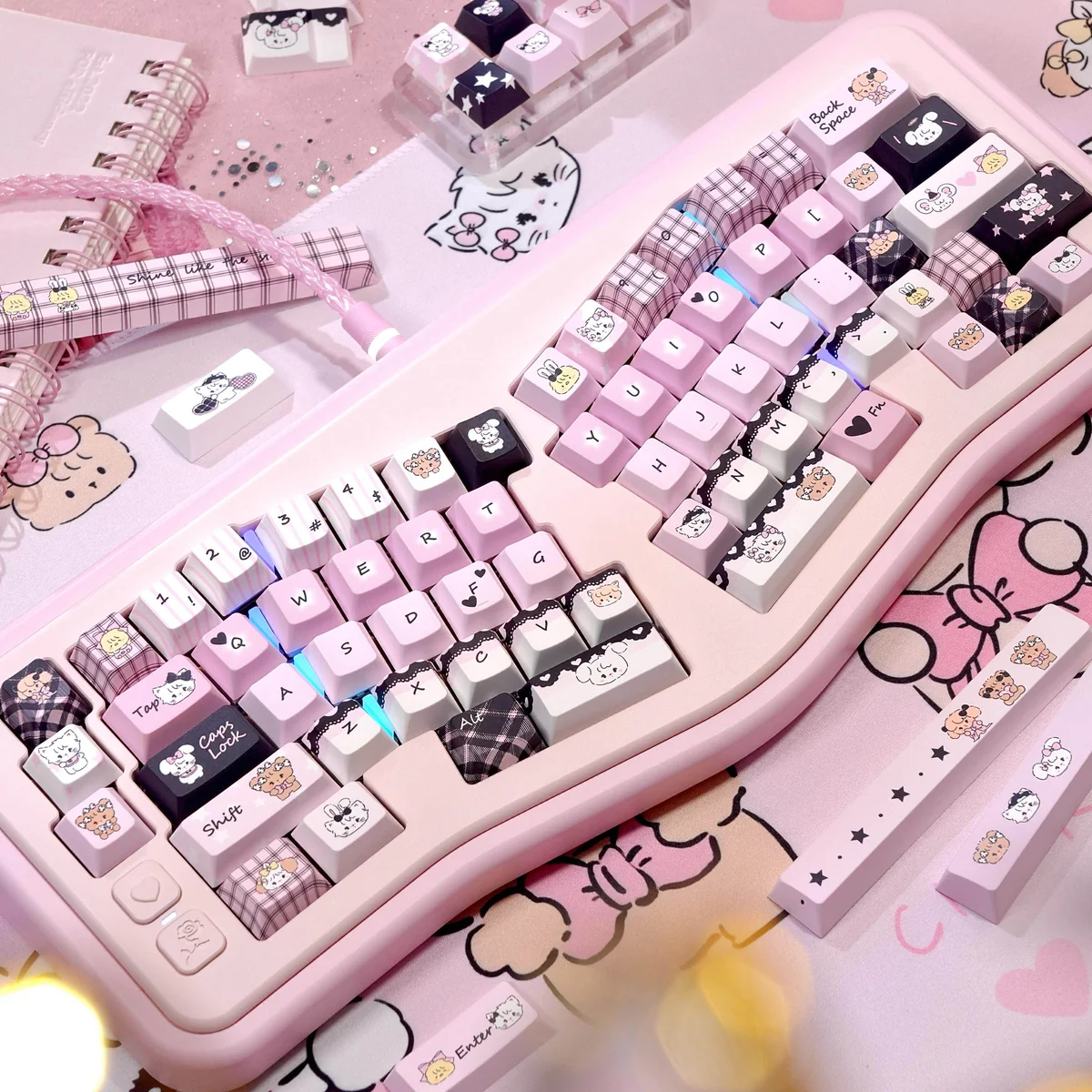 Premium Mikko PBT Keycaps Set in a playful black and pink aesthetic, featuring durable 5-sided dye-sub legends and profile for a lasting keyboard.