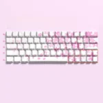 Detailed views of vibrant Miku Nakano PBT shine-through keycaps set, showcasing durable quality, playful anime art, and crisp side-printed legends.