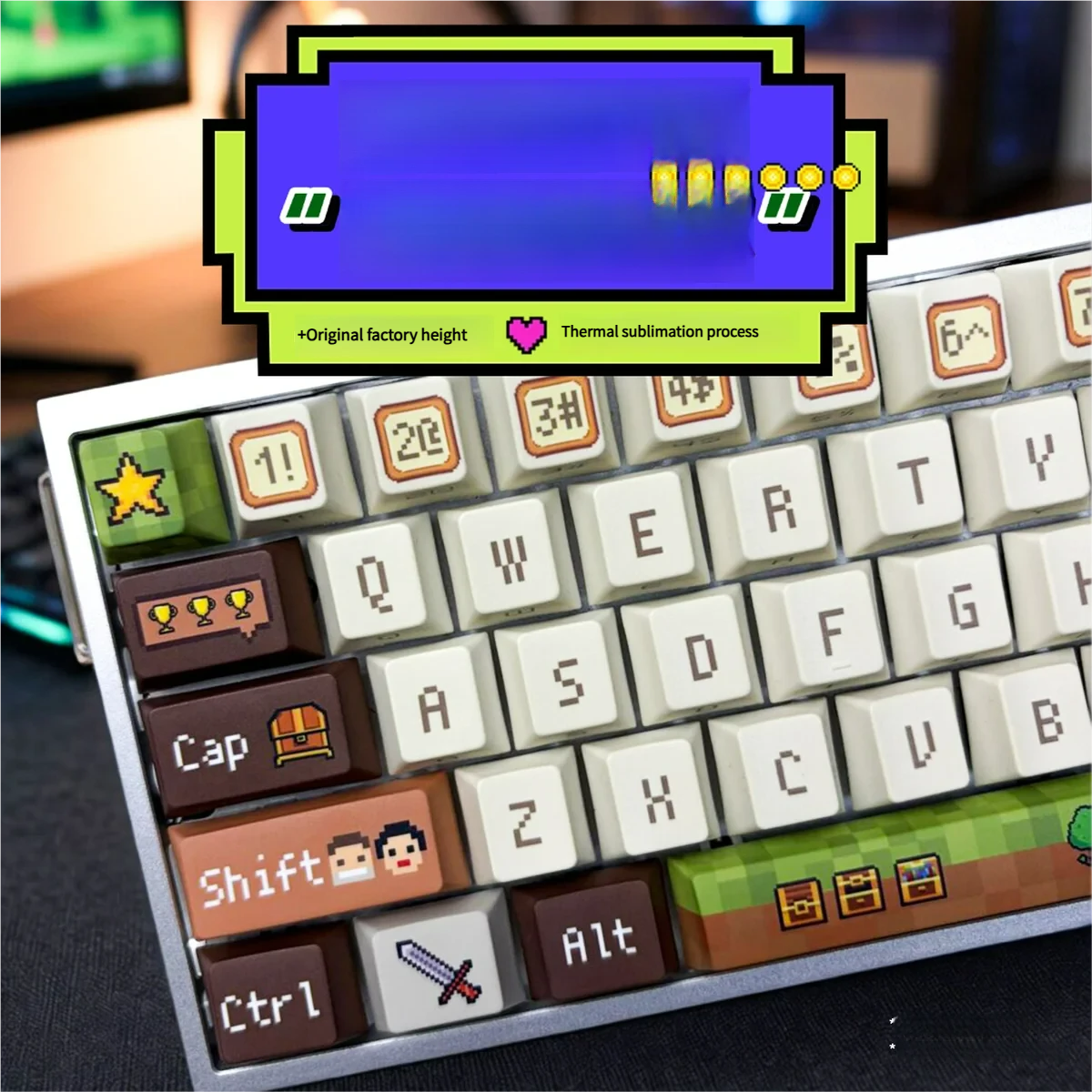 Vibrant Minecraft keycap set, Cherry profile, showcasing iconic pixelated characters and blocks for playful gaming keyboard personalization.