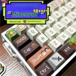 Playful Minecraft keycap set with vibrant pixelated characters and blocks, shown from various angles for keyboard personalization.
