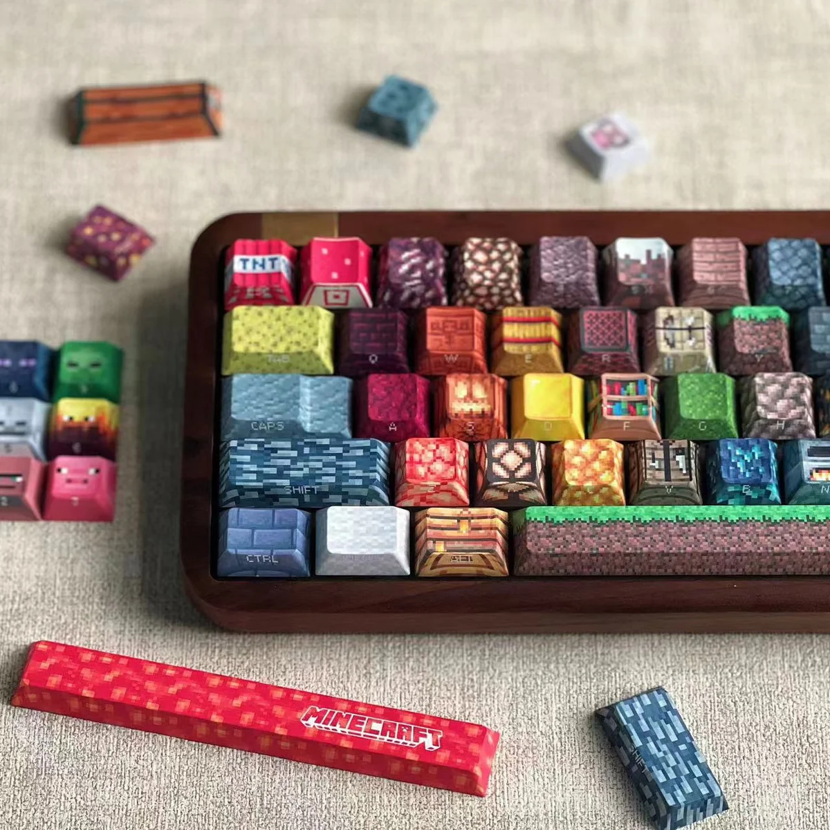 Vibrant Minecraft pixel art keycaps set, an authentic Cherry profile gaming accessory, displayed from various angles with iconic game blocks and characters design.